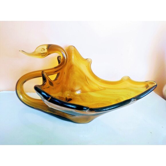 Vintage Amber Hand Blown Art Glass Swan 11 1/2" x 5 1/2" Tall - Picture 2 of 15
